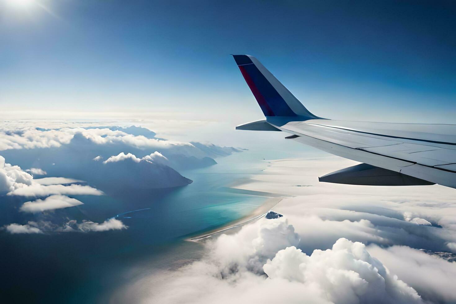 een vliegtuig vleugel vliegend over- de oceaan en wolken. ai-gegenereerd foto