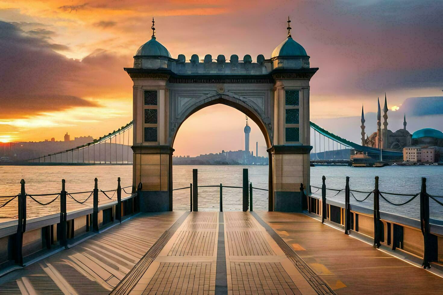 de brug over- de water Bij zonsondergang. ai-gegenereerd foto