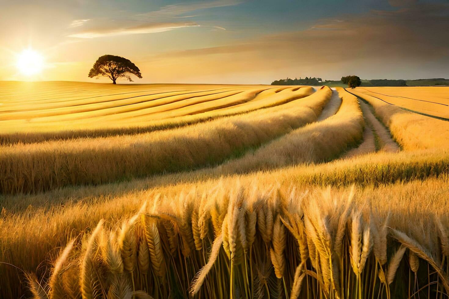 gouden tarwe veld- Bij zonsondergang. ai-gegenereerd foto