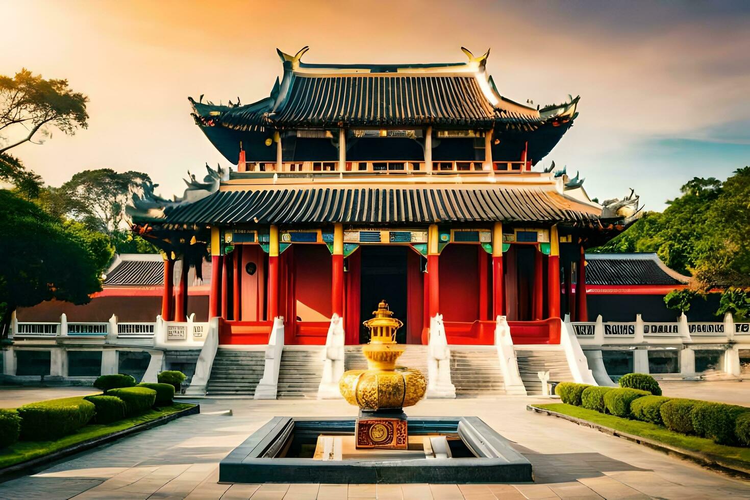 de Chinese tempel in de midden- van een park. ai-gegenereerd foto