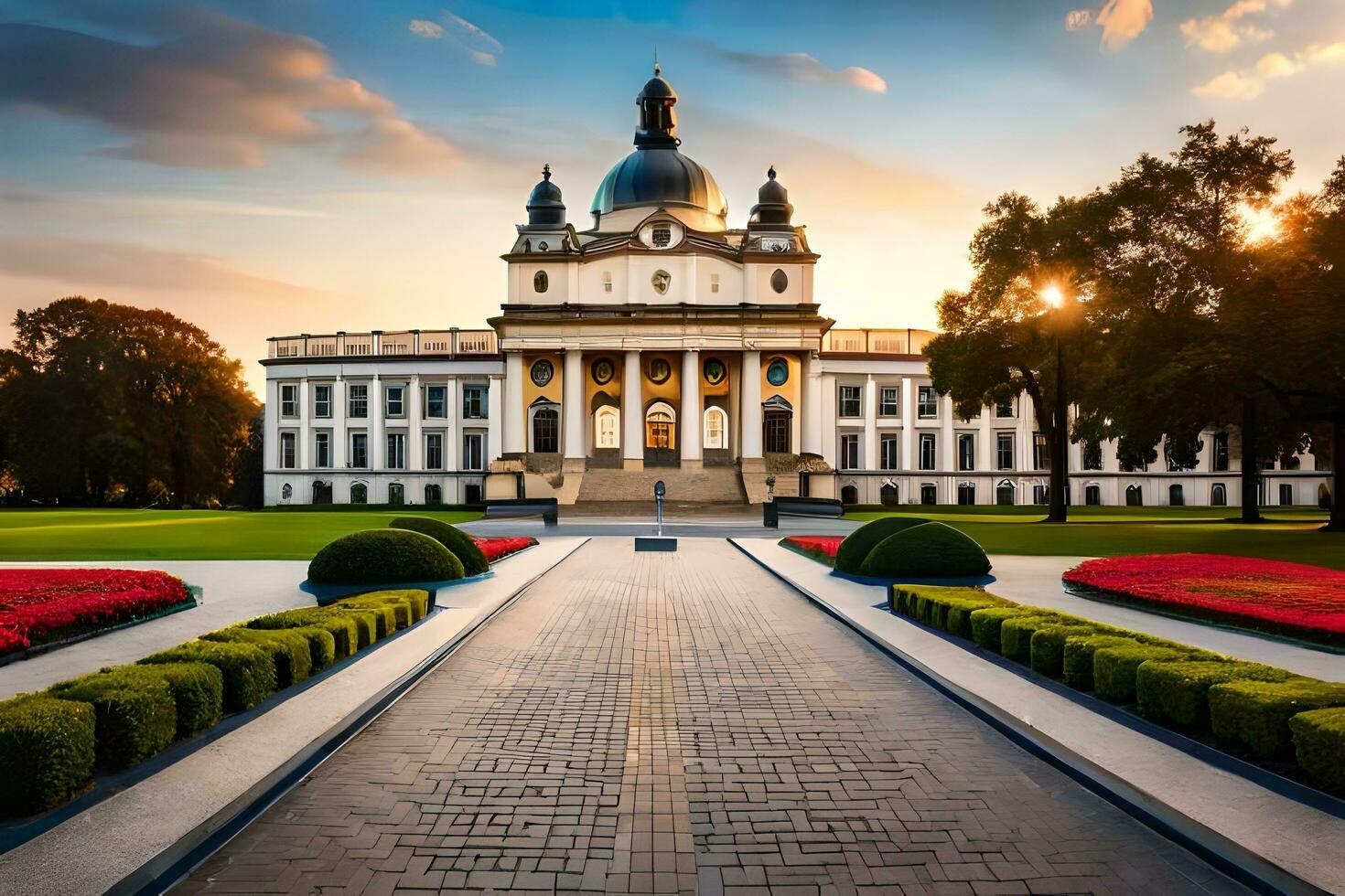 de mooi gebouw in de midden- van een park. ai-gegenereerd foto