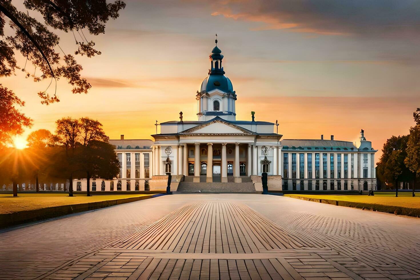 de mooi gebouw van de Universiteit van Riga Bij zonsondergang. ai-gegenereerd foto