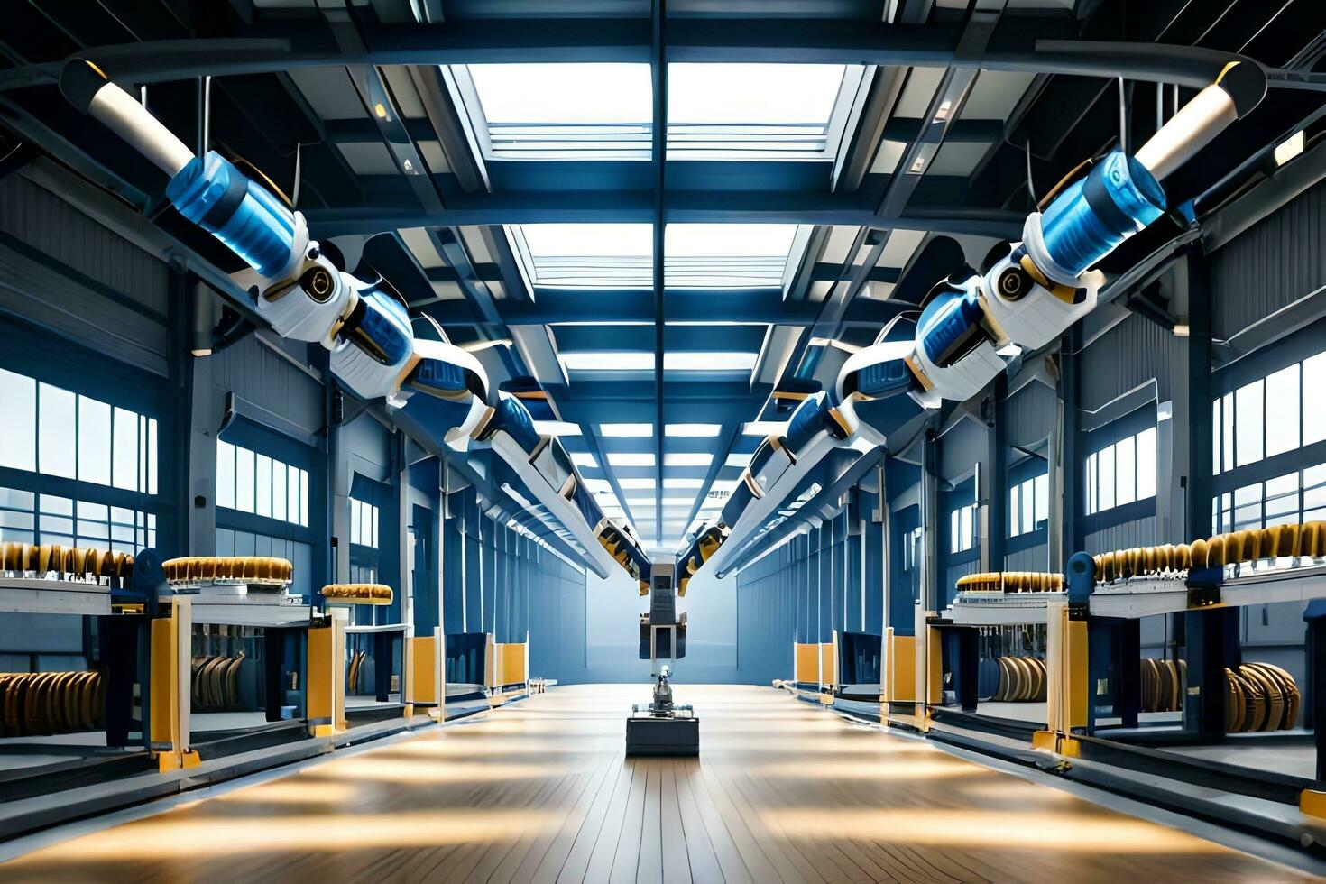 een lang industrieel fabriek met veel machines. ai-gegenereerd foto