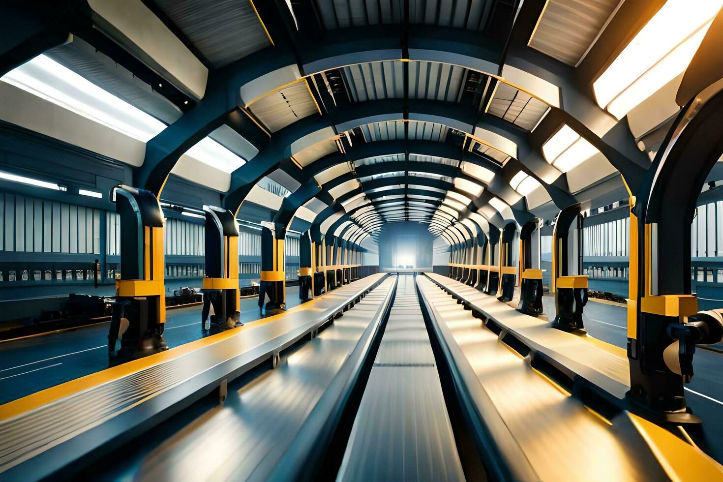 een lang tunnel met geel en zwart balustrades. ai-gegenereerd foto