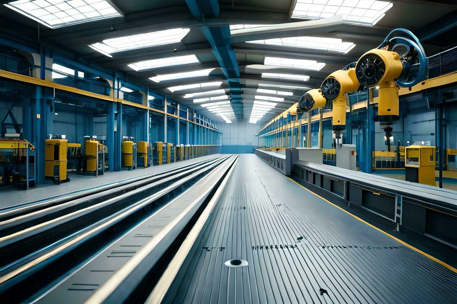 een lang industrieel fabriek met veel transportband riemen. ai-gegenereerd foto