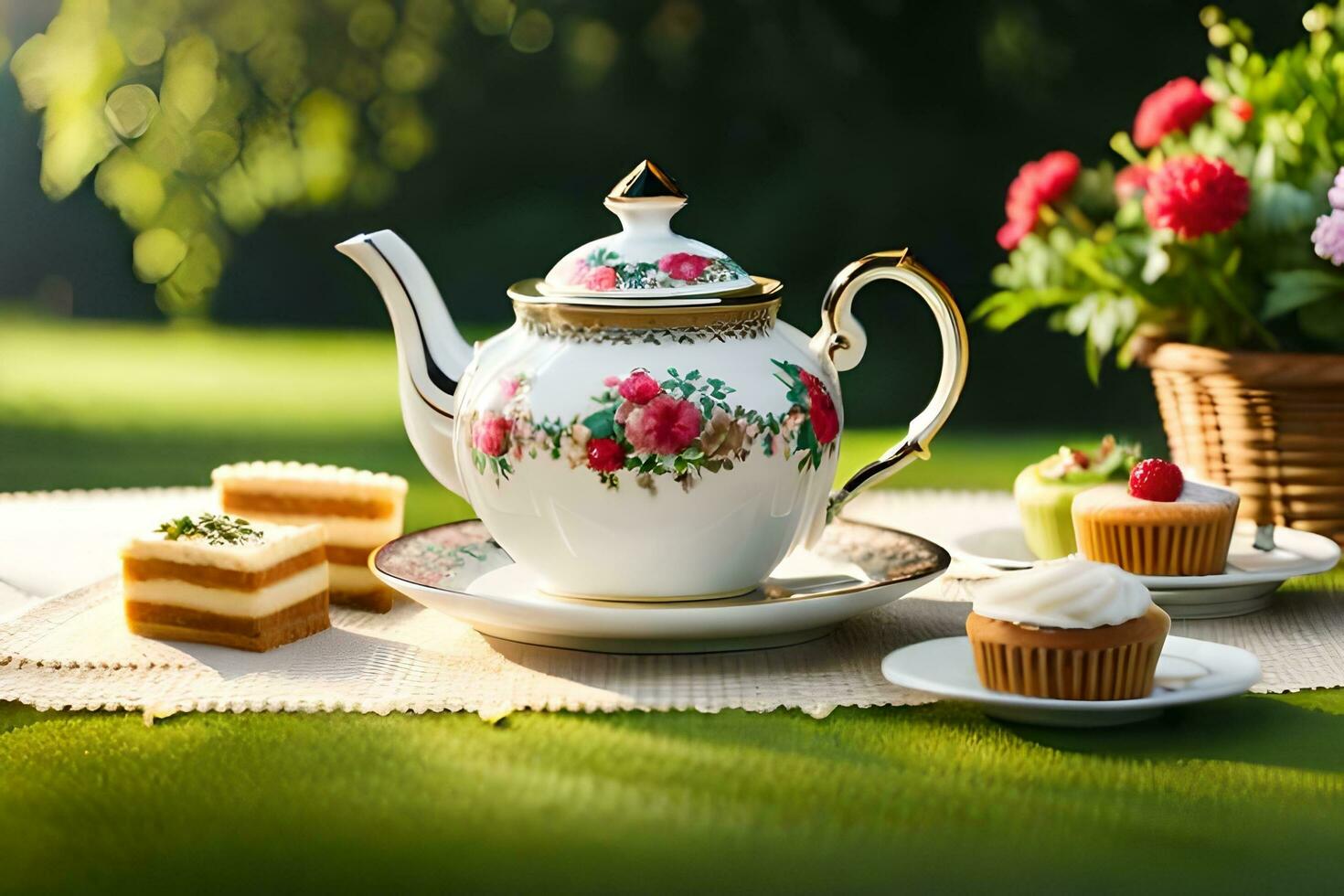 een thee pot en cupcakes Aan een picknick tafel. ai-gegenereerd foto