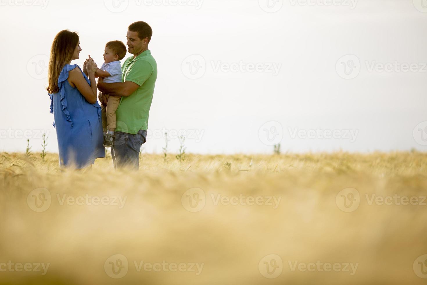 jong gezin met schattige kleine jongen die plezier heeft buiten in het veld foto