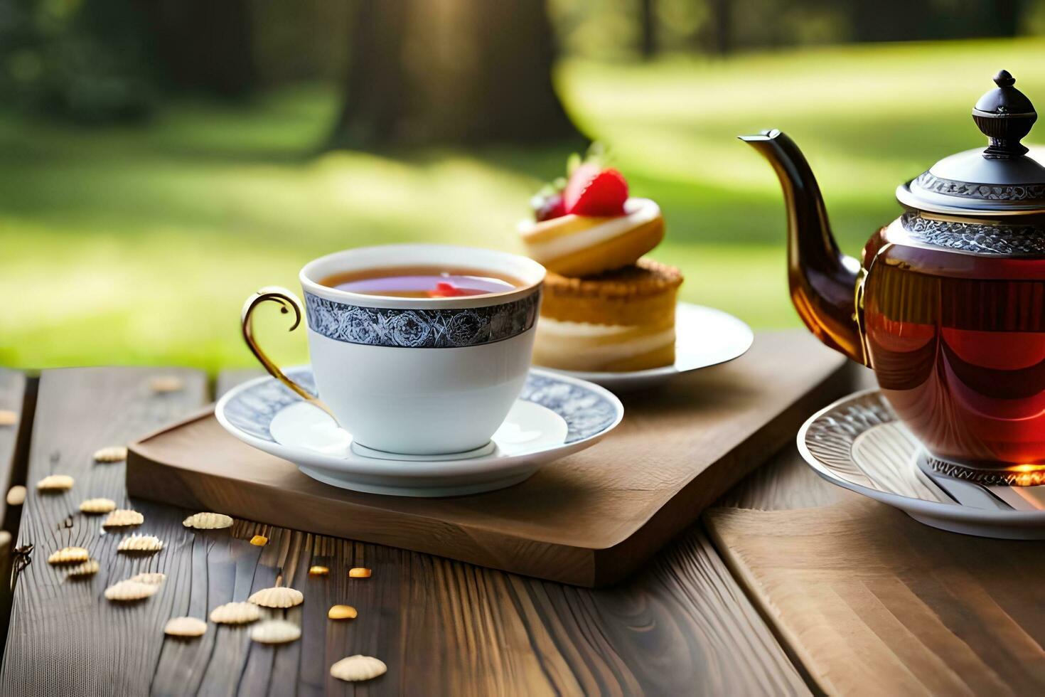 thee en taart Aan een houten tafel in de park. ai-gegenereerd foto