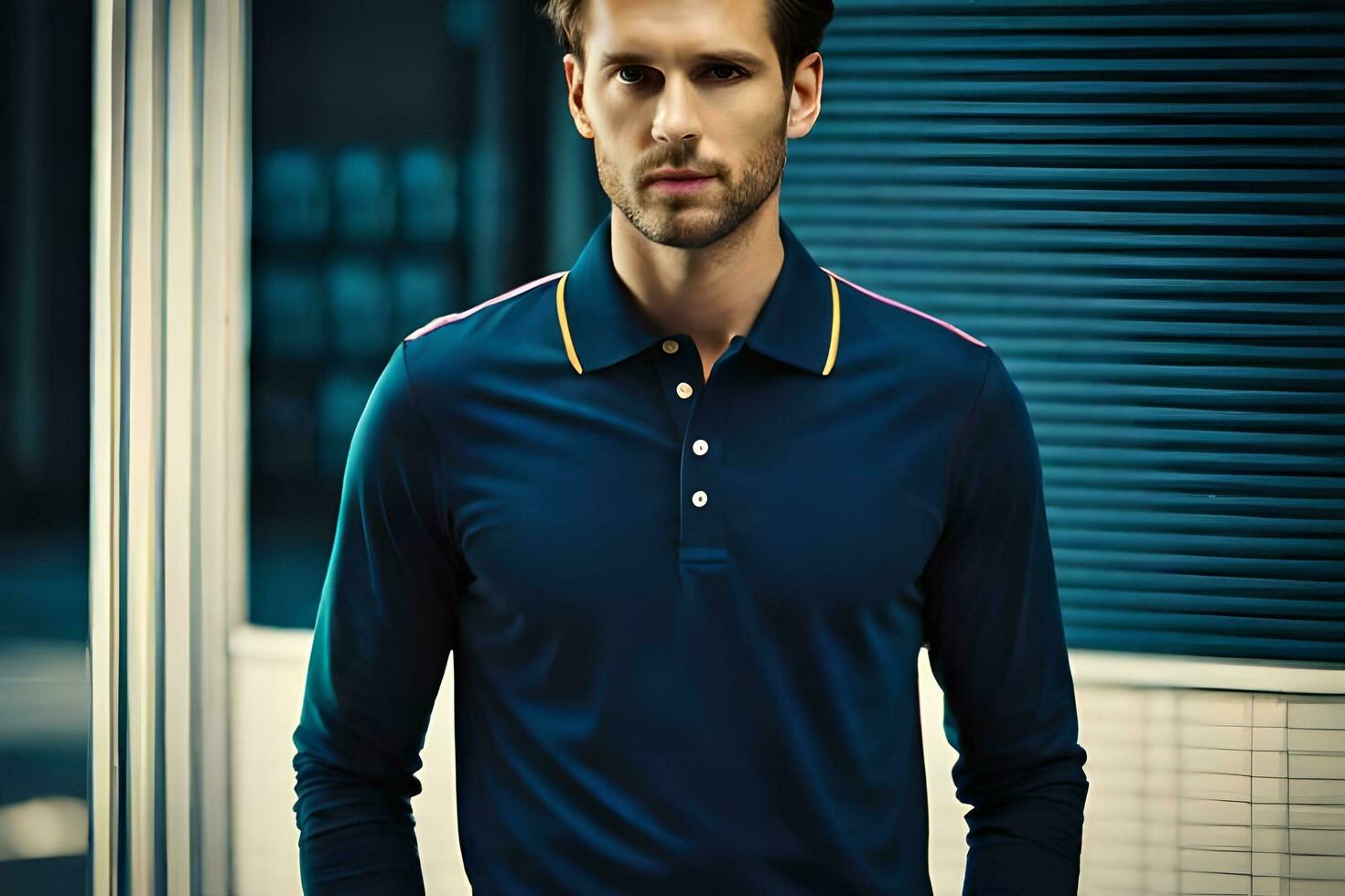 een Mens in een blauw polo overhemd staand in voorkant van een muur. ai-gegenereerd foto