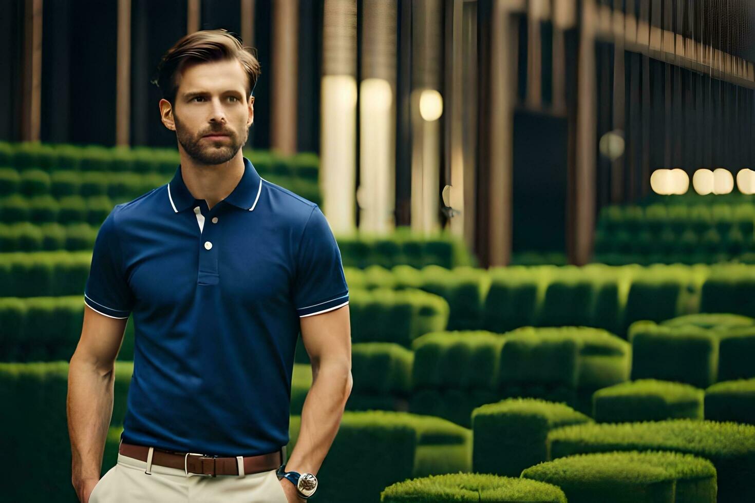 een Mens in een blauw polo overhemd staand in een met gras begroeid Oppervlakte. ai-gegenereerd foto