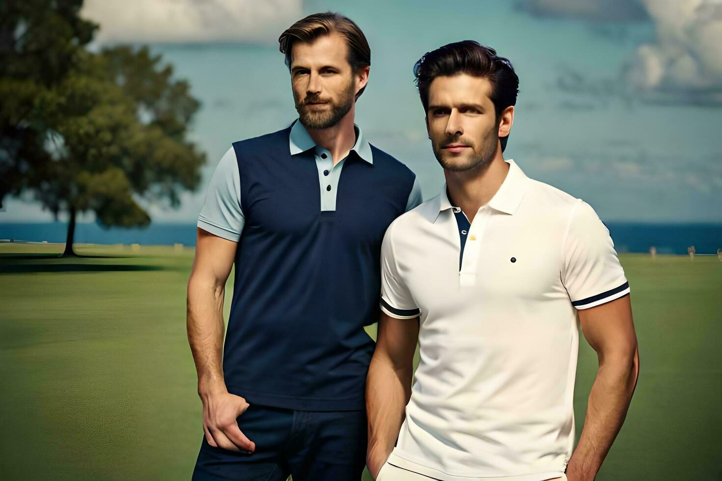 twee mannen in polo overhemden staand Aan een golf Cursus. ai-gegenereerd foto