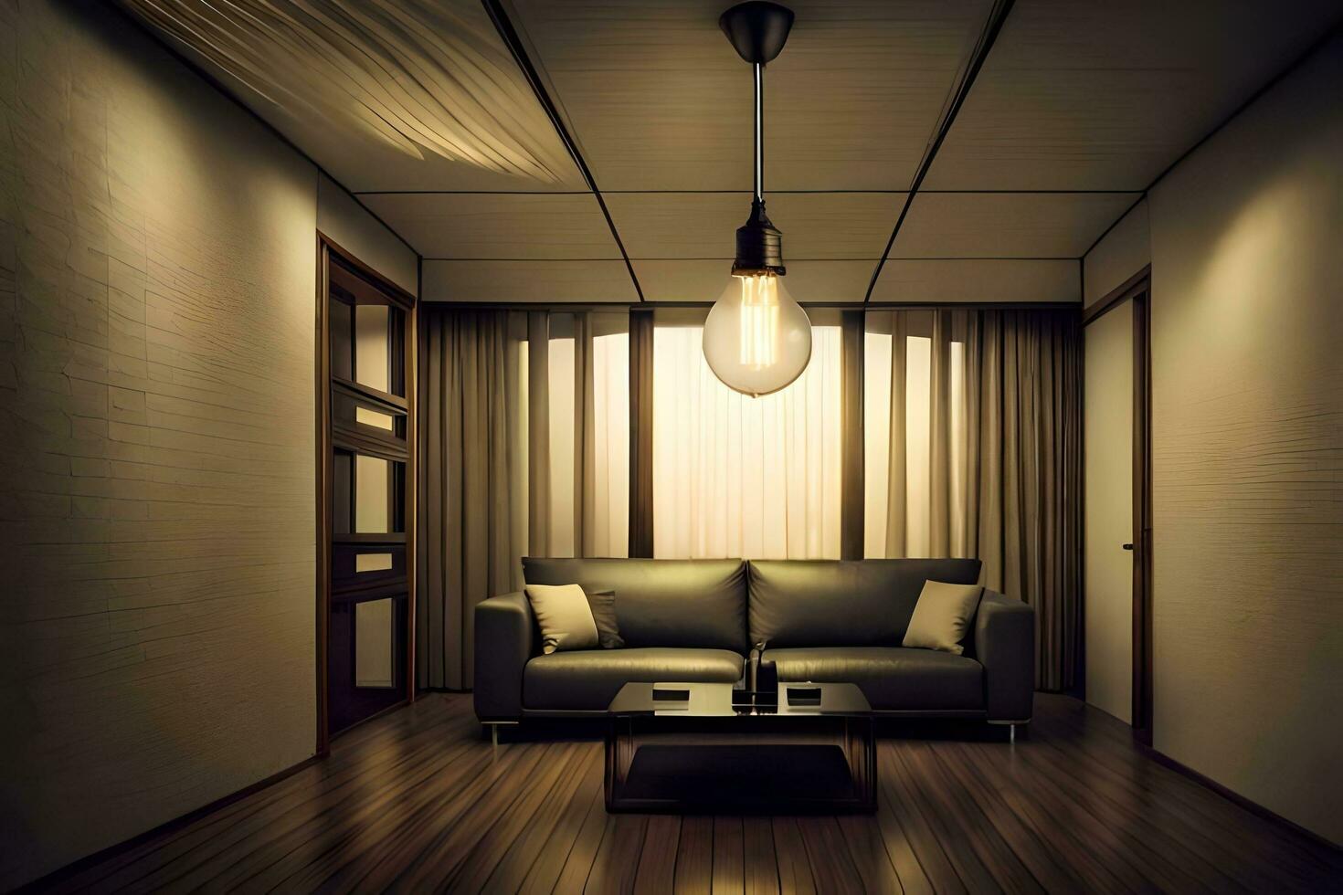een kamer met een bankstel en lamp in het. ai-gegenereerd foto
