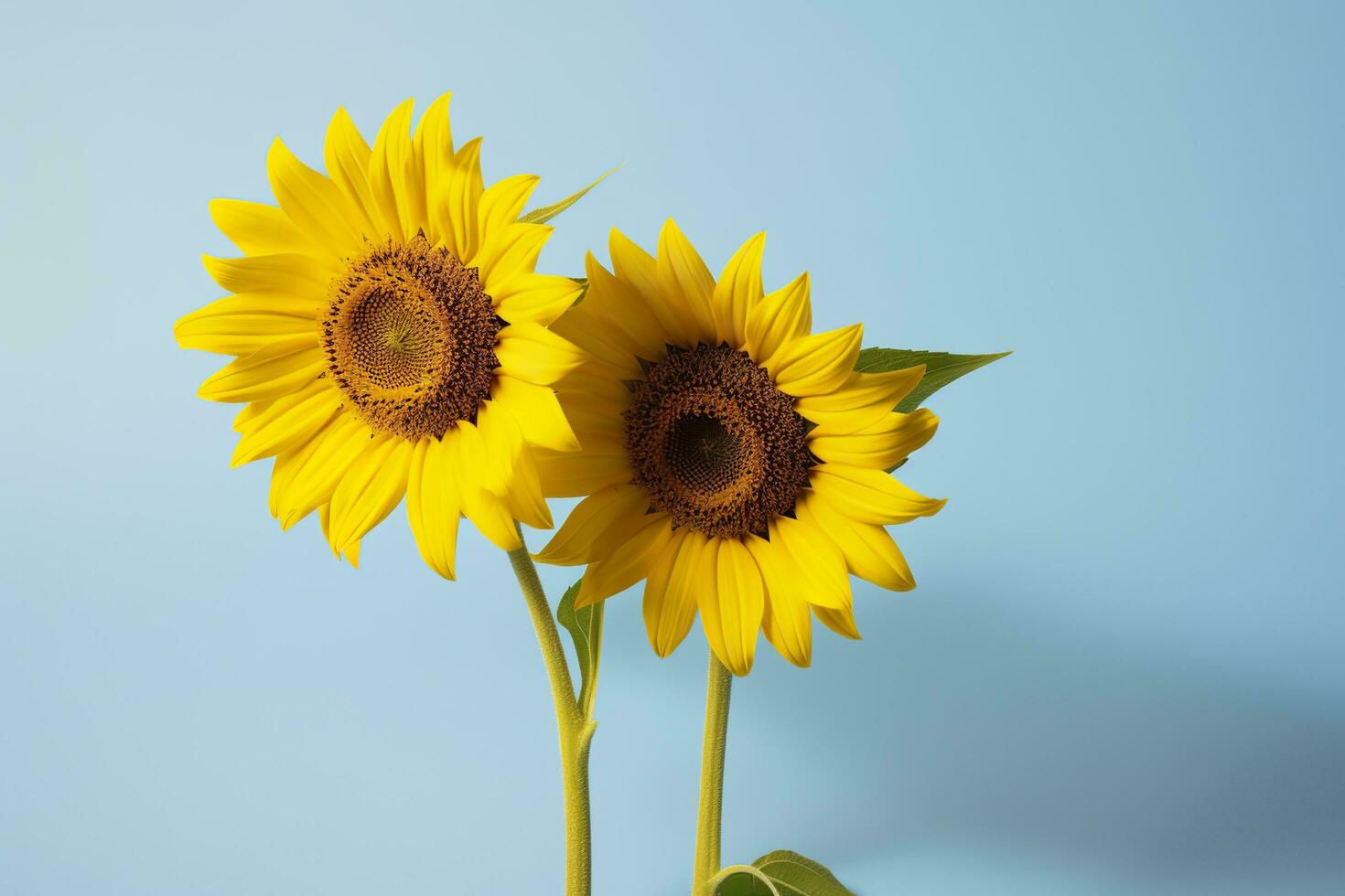 twee zonnebloemen in de zonnig sfeer. licht blauw achtergrond met schaduw. generatief ai foto