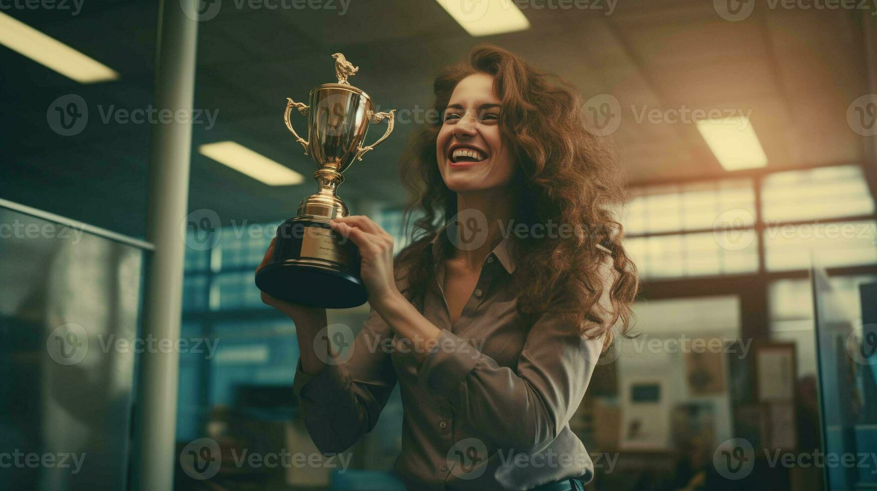 een trots vrouw werknemer houdt haar kantoor prestatie trofee, inspirerend uitmuntendheid Bij werk foto