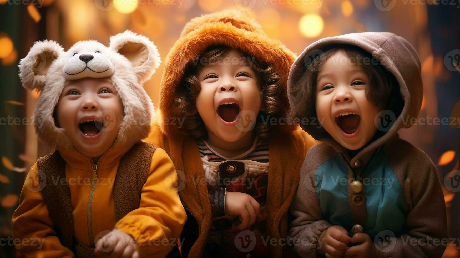 aanbiddelijk kinderen in een helder halloween tafereel vervelend divers kostuums. perfect voor feestelijk vieringen foto