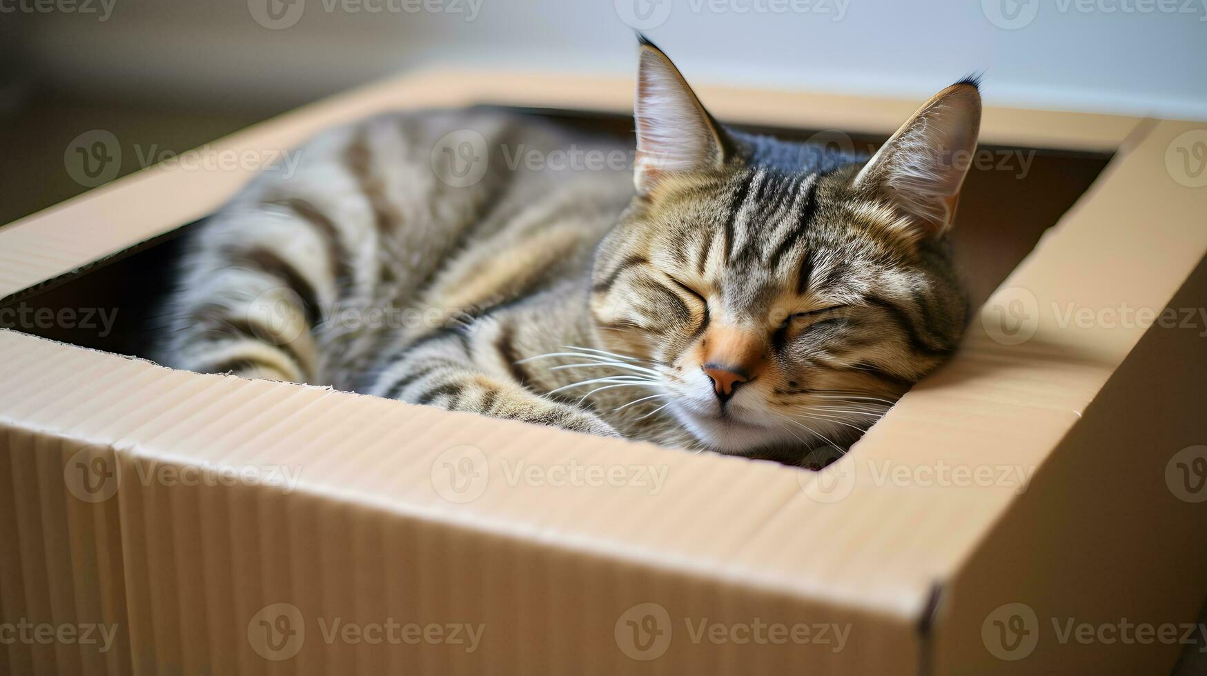 schattig gestreept kat slapen in een karton doos ai generatief foto