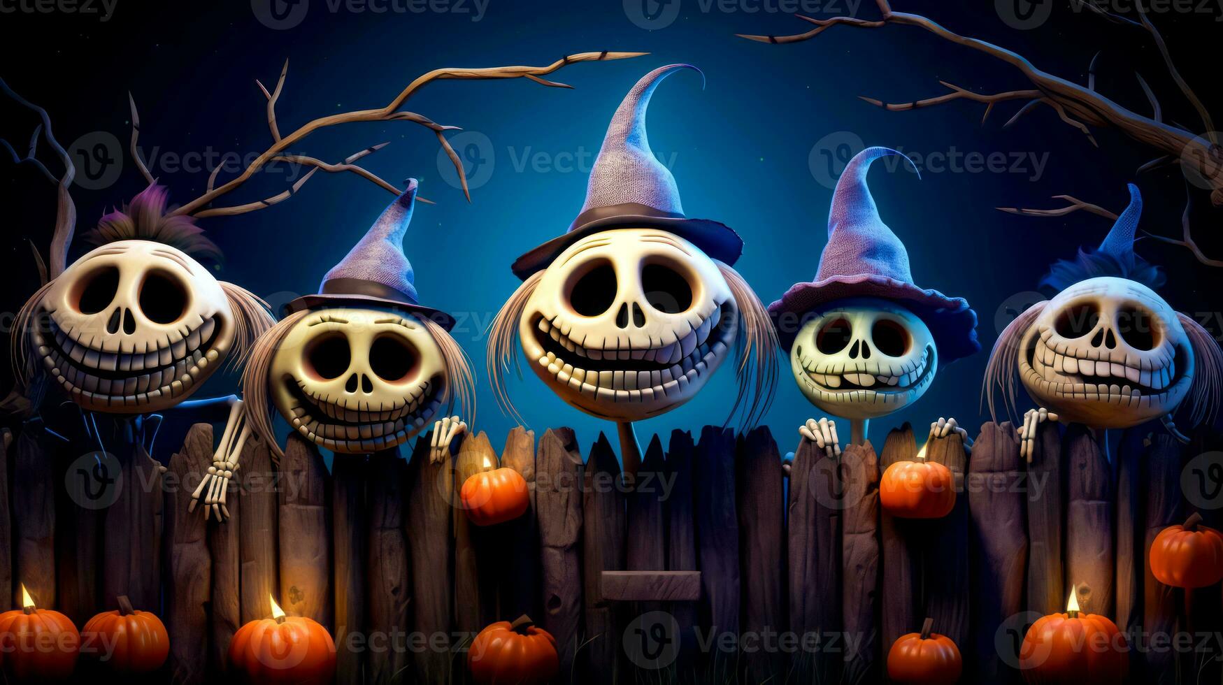 drie jack en Sally pompoenen in hek met vol maan in de achtergrond. generatief ai foto