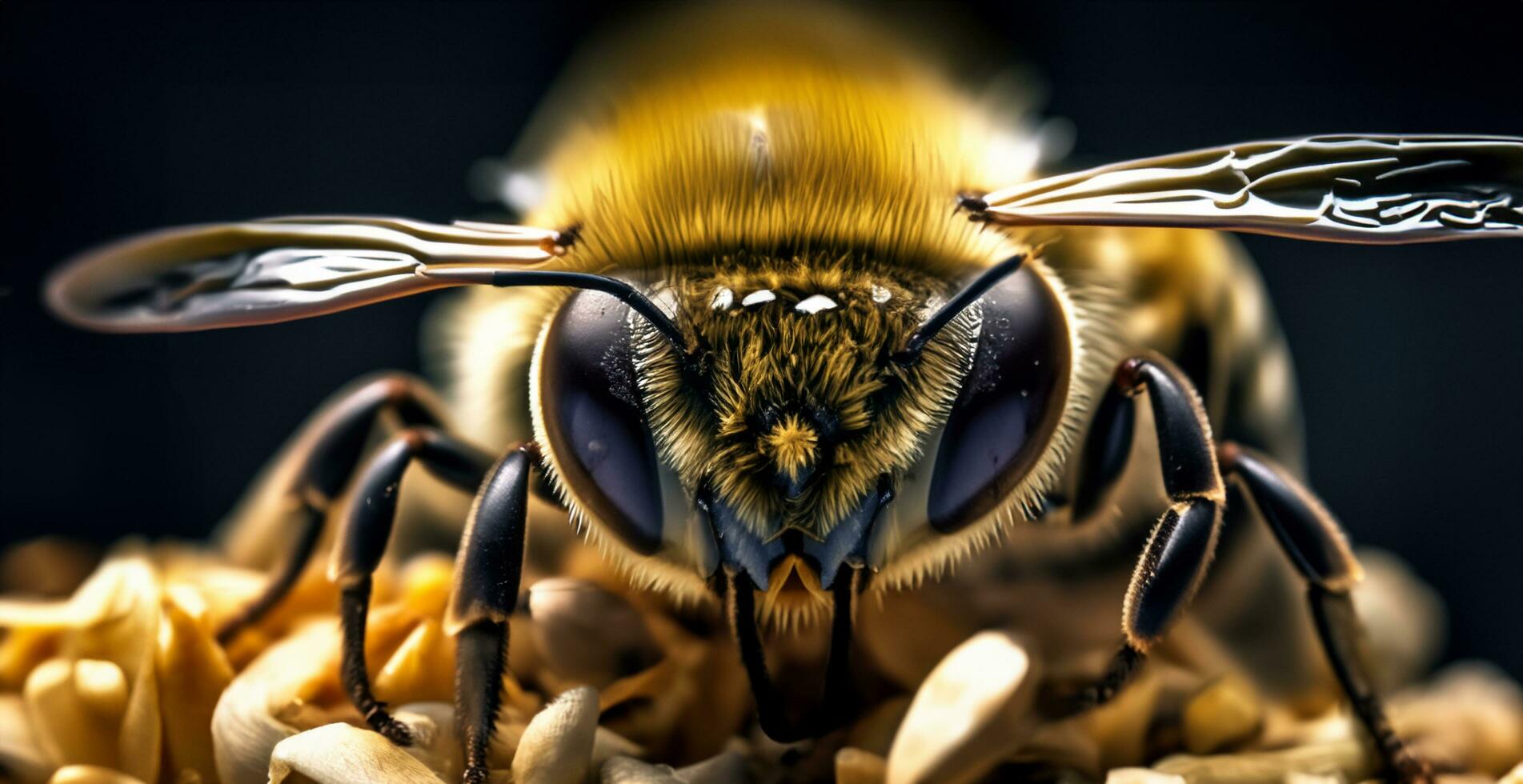 macro foto van een stuifmeel zuigen wesp bij en stuifmeel zuigen wesp dichtbij omhoog foto