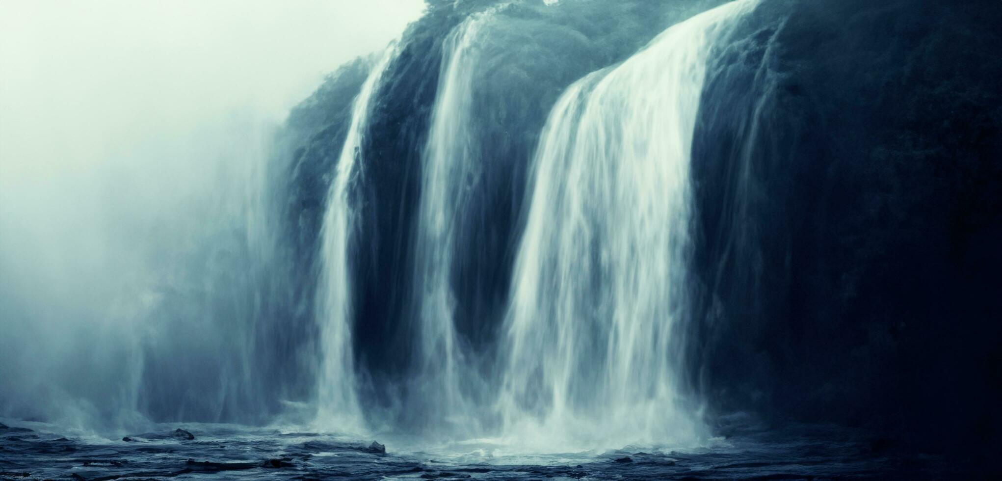stroom in natuur donker toon waterval Aan een heuvel waterval achtergrond fantasie Woud gevulde met groot bomen en water verstuiven foto