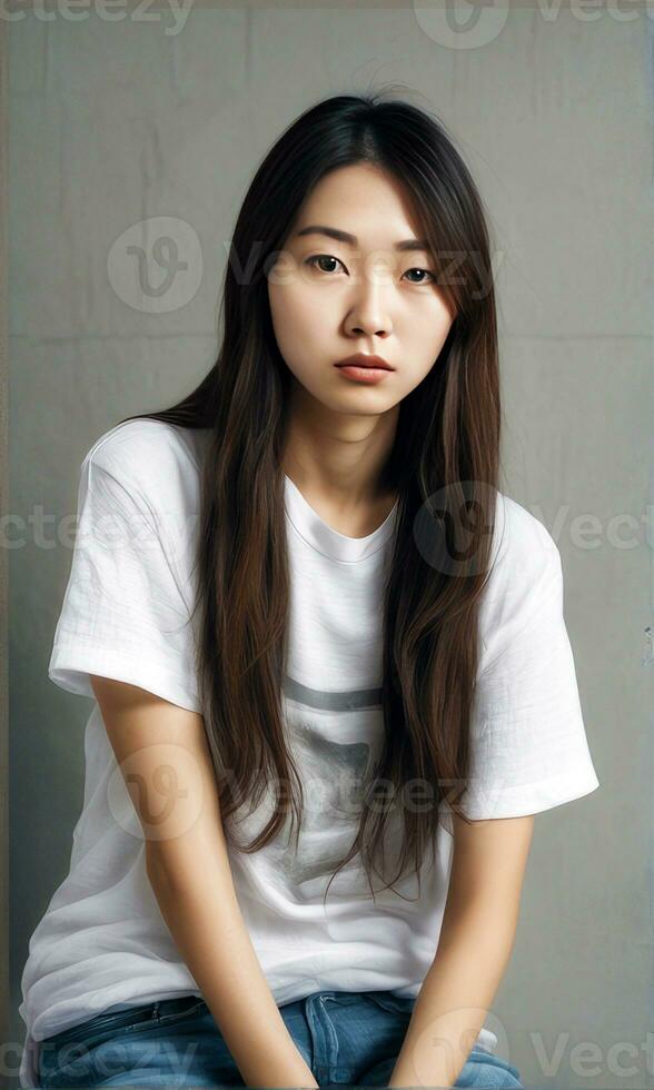 jong Aziatisch vrouw vervelend een wit linnen t-shirt.generatief ai. foto