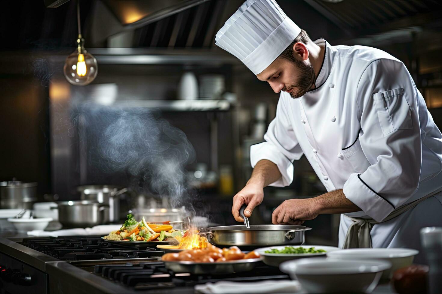 chef voorbereidingen treffen voedsel in de keuken Bij de restaurant. Koken voedsel concept, fijnproever chef Koken in een reclame keuken, ai gegenereerd foto