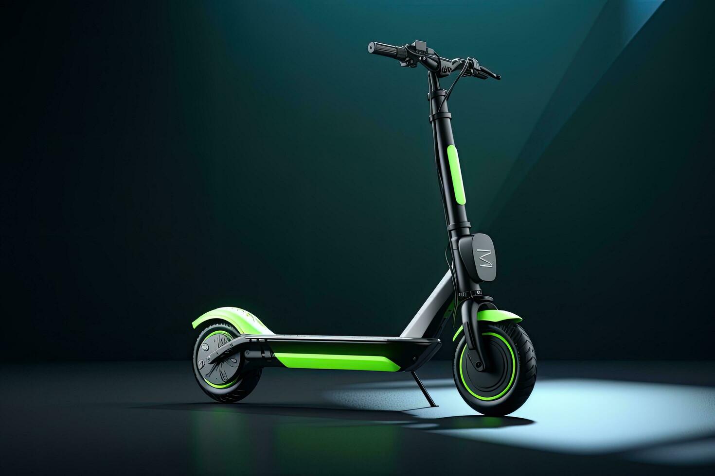 3d renderen van een modern elektrisch scooter Aan een donker achtergrond, algemeen elektrisch scooter, futuristische mobiliteit oplossing voor steden. duurzame vervoer oplossingen. groen energie, ai gegenereerd foto