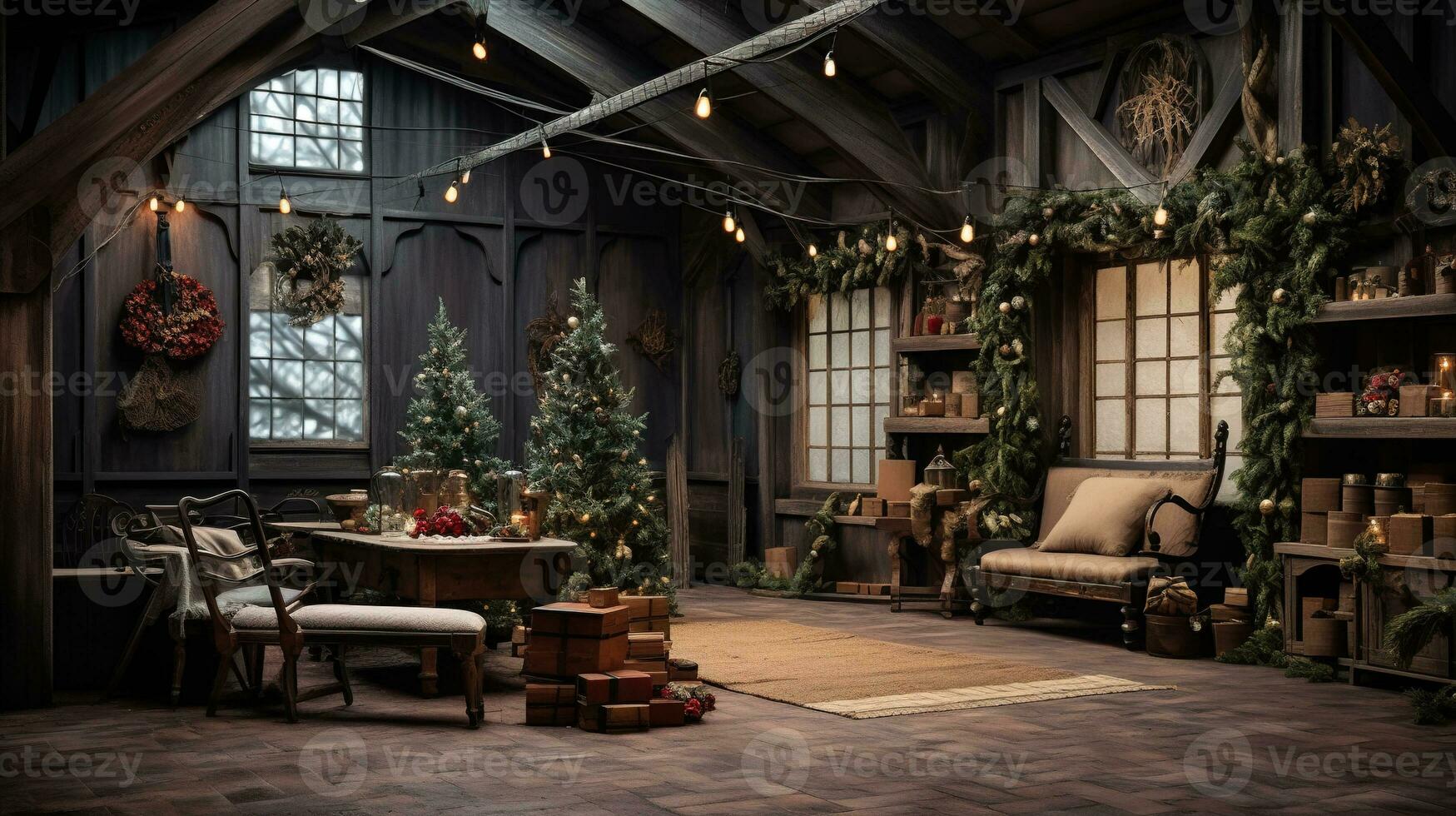 generatief ai, Kerstmis interieur landelijk achtergrond, de kerstman claus rustiek werkplaats foto