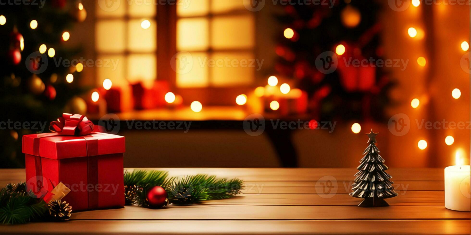 houten tafel en geschenk decoraties met wazig Kerstmis boom achtergrond.generatief ai. foto