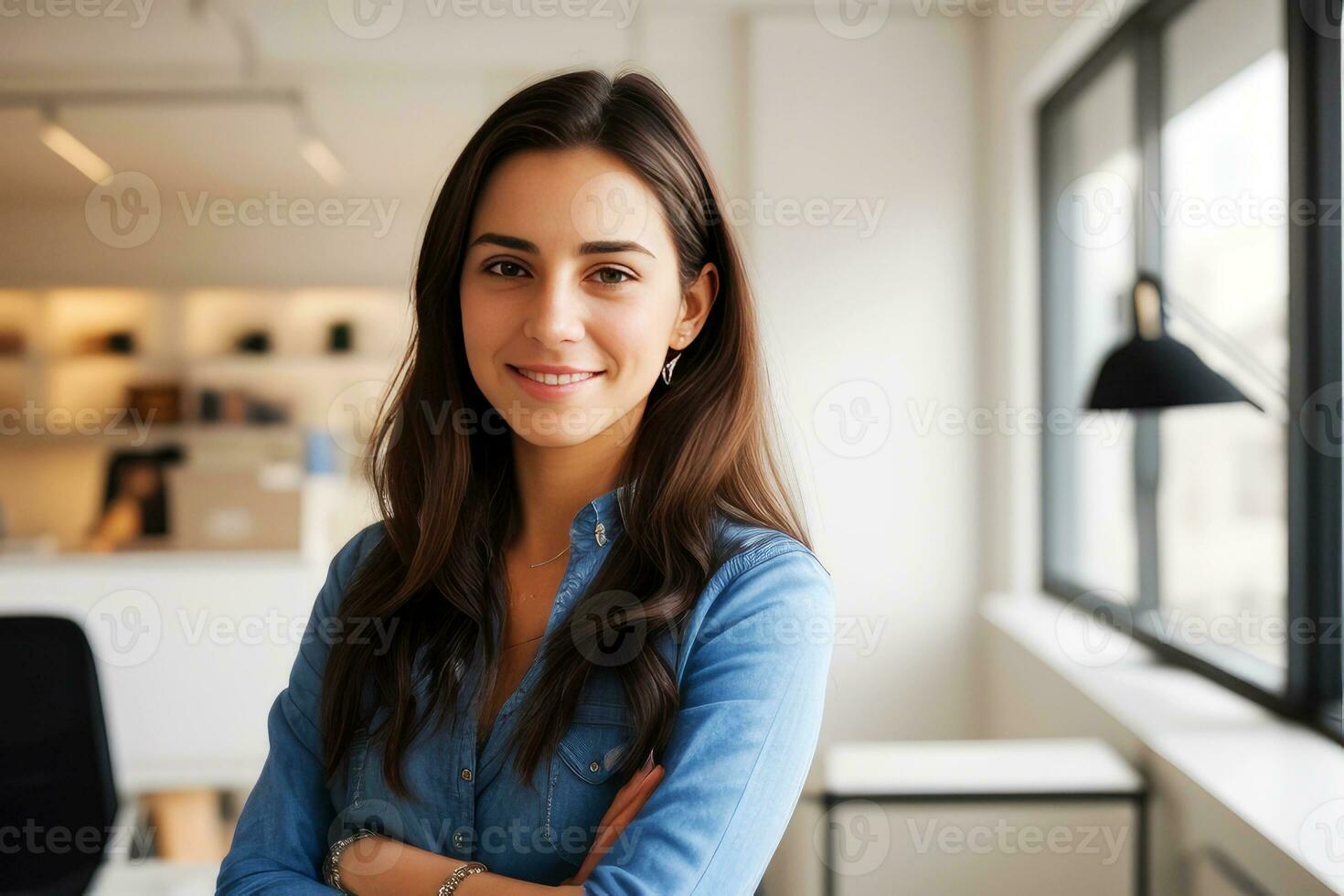 mooi glimlachen vrouw op zoek Bij camera met staand in creatief kantoor achtergrond.generatief ai. foto