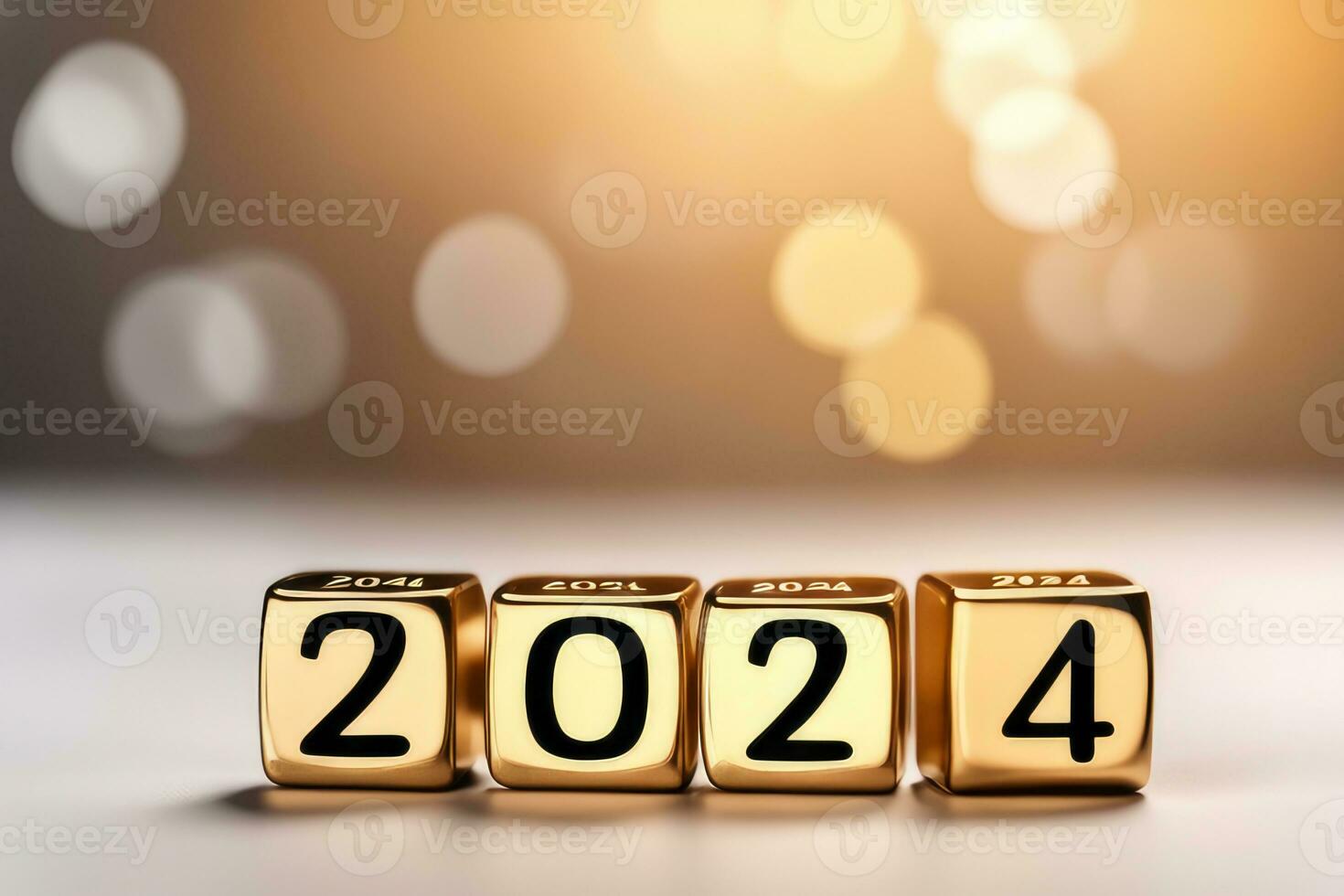 goud kubussen met tekst 2024 Aan oranje licht achtergrond, generatief ai. foto