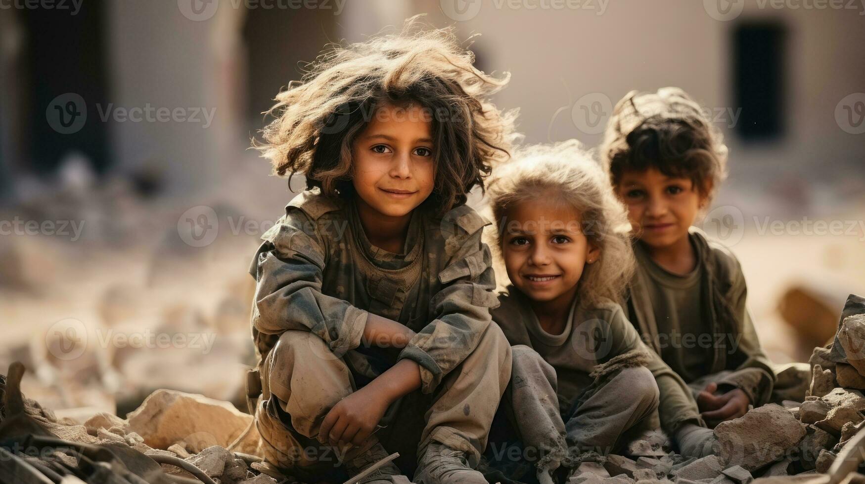 drie kinderen Aan de achtergrond van de ruïnes van gebouw. kinderen van oorlog. Israël en Palestina oorlog concept. foto
