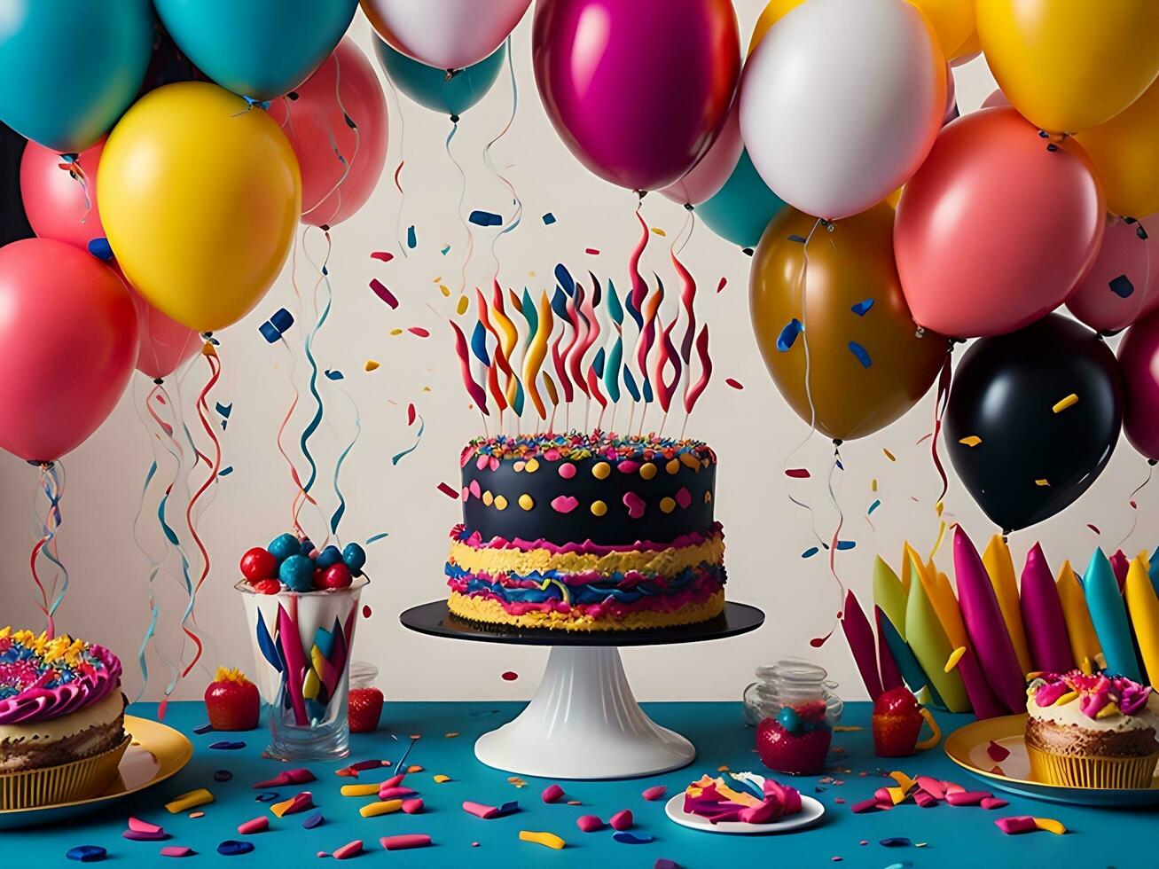 verjaardag viering met kleurrijk ballonnen, een taart, en een glinsterende met confetti bedekt achtergrond ai genereren foto