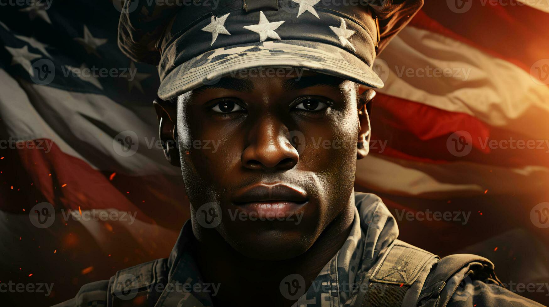 ai-gegenereerd Amerikaans leger soldaat marinier in uniform tegen de achtergrond van de Amerikaans vlag voor onafhankelijkheid dag foto