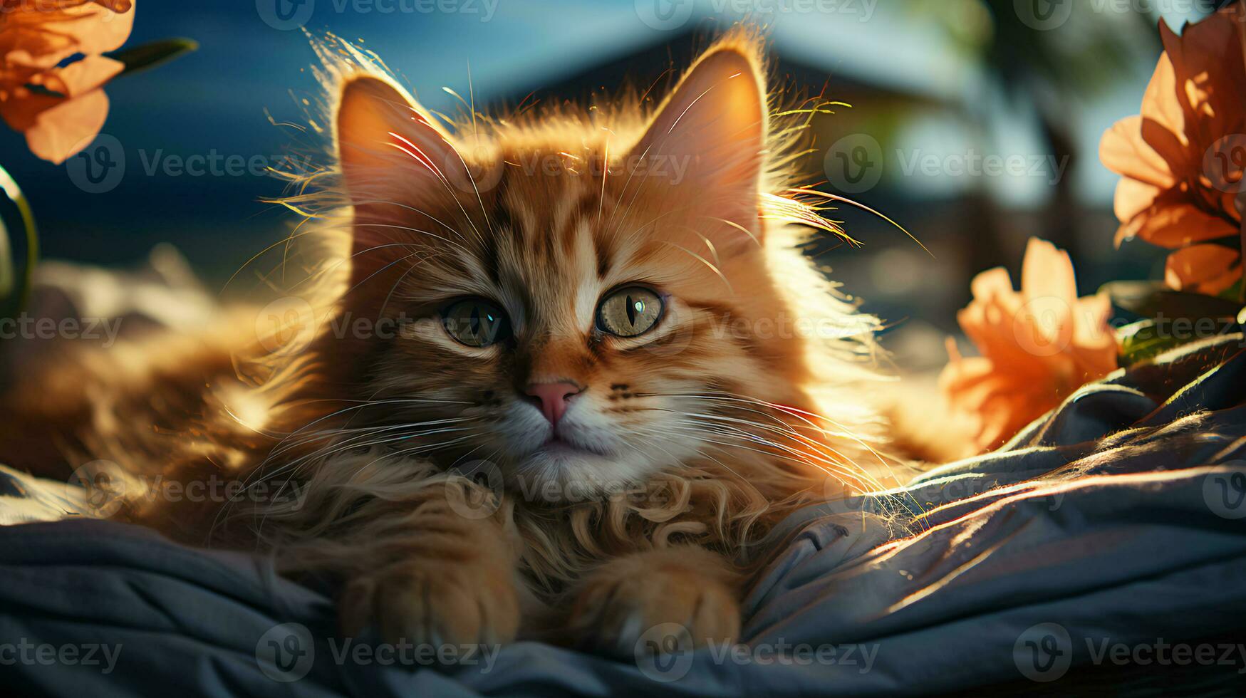 ai-gegenereerd mooi pluizig kat leugens resting in de zon foto