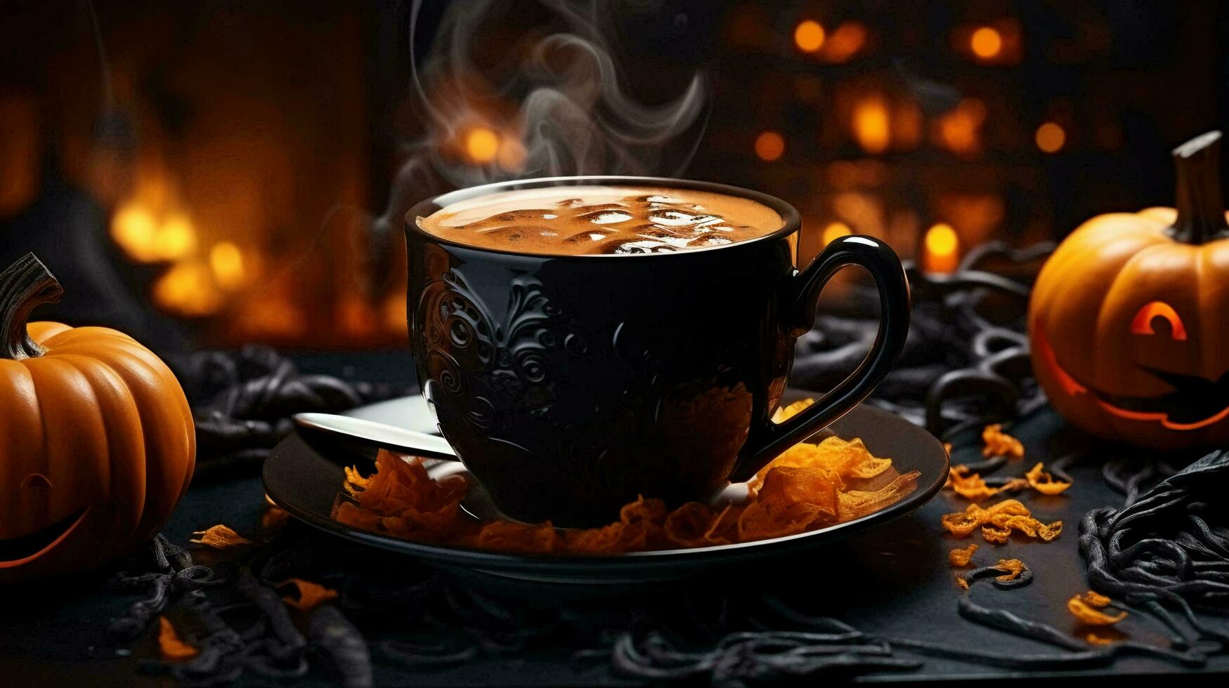 ai-gegenereerd mok van heet koffie of thee met pompoenen met eng gezichten voor halloween foto