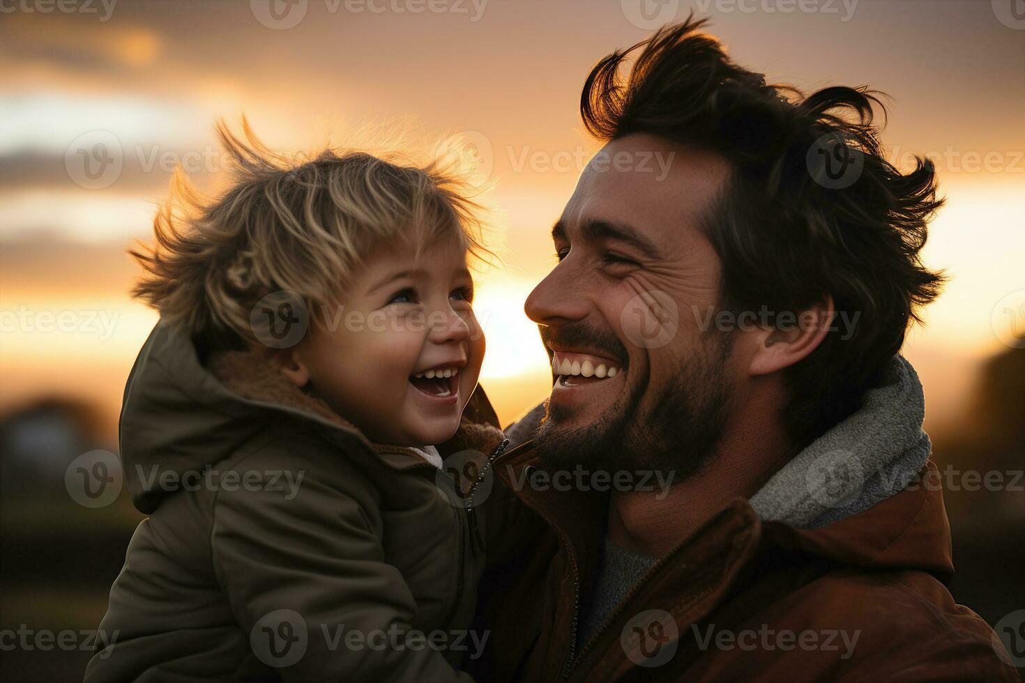een vader en een weinig zoon lachend samen met vreugde, warm gouden uur verlichting. ai gegenereerd. foto
