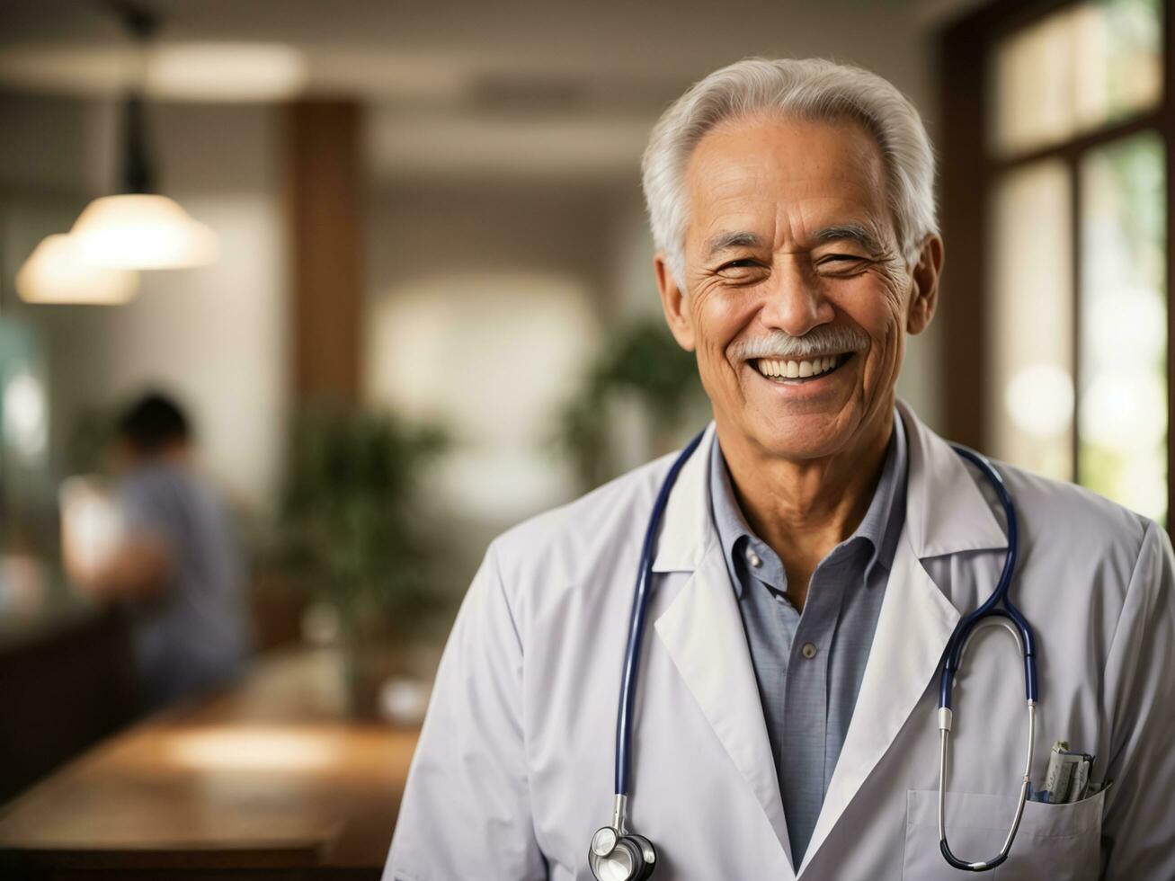 portret van een gelukkig ouderen dokter met ziekenhuis achtergrond, genieten dokter, Gezondheid zorg concept, ai generatief foto
