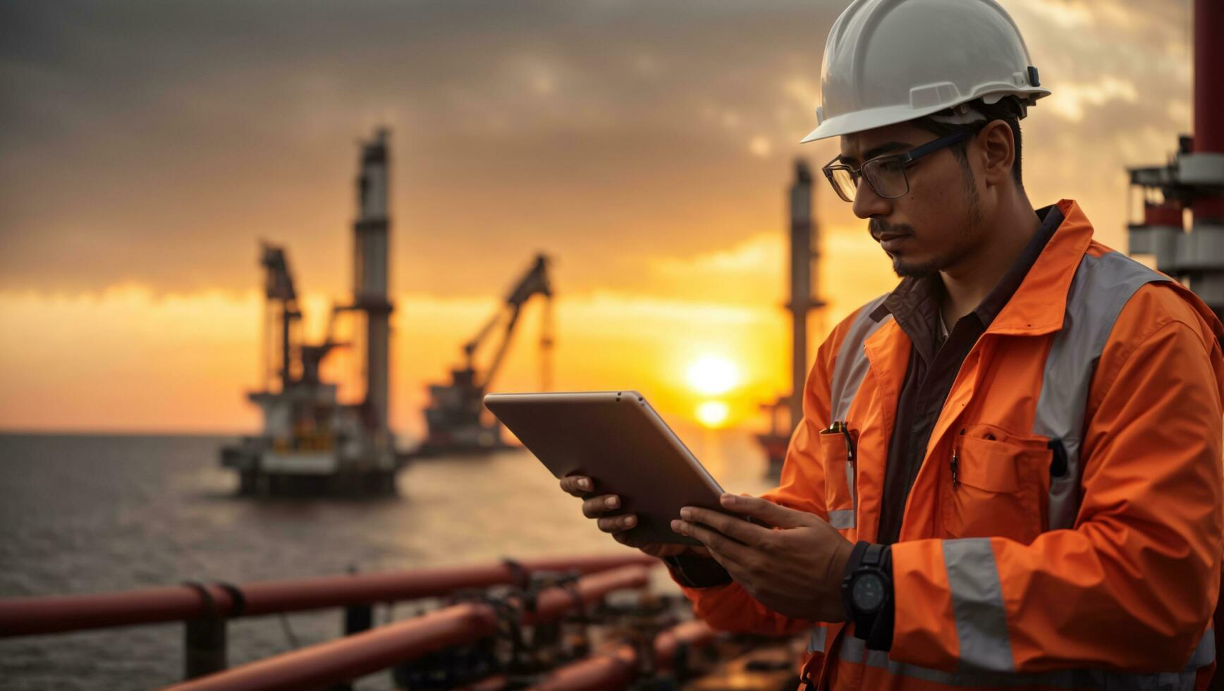 portret van een Mens olie tuigage arbeider met een helm in voorkant van de offshore tuigage met zonsondergang achtergrond. ai generatief foto