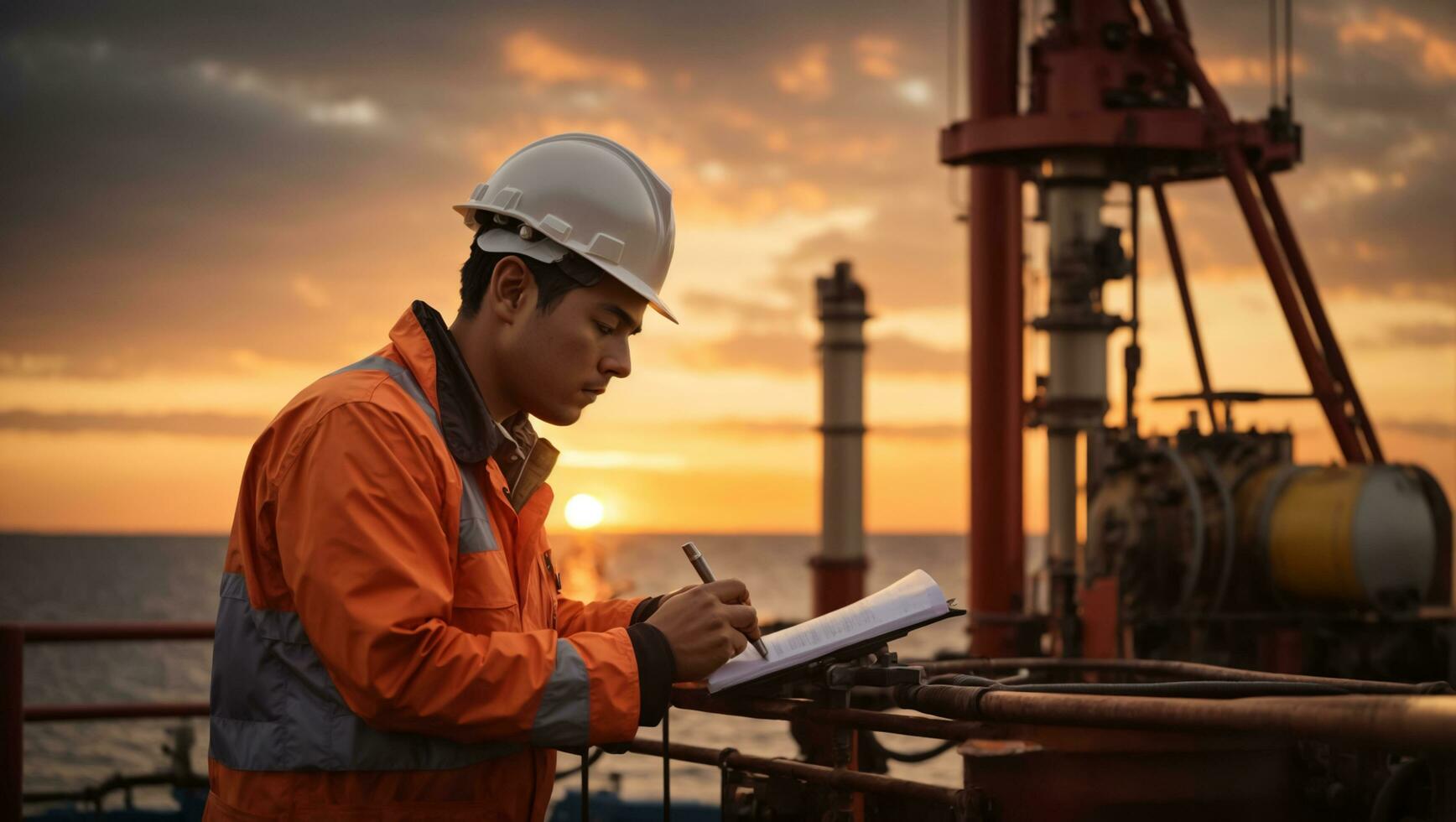 portret van een Mens olie tuigage arbeider met een helm in voorkant van de offshore tuigage met zonsondergang achtergrond. ai generatief foto