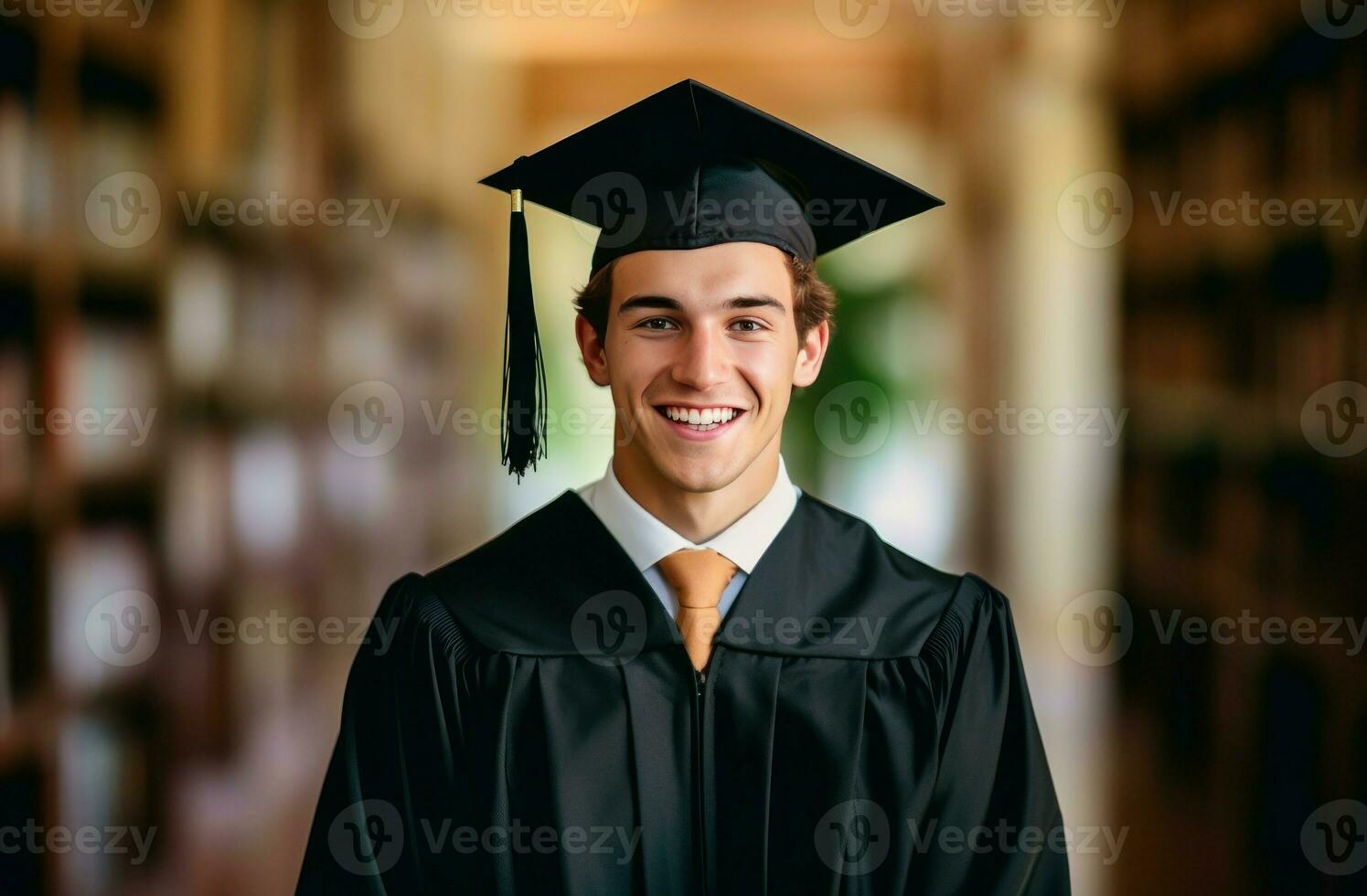 gelukkig volwassen leerling in diploma uitreiking kleding met diploma. genereren ai foto