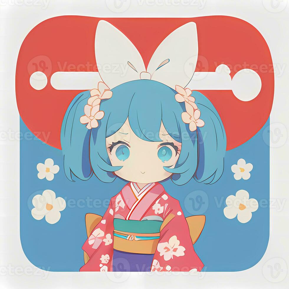 schattig kawaii chibi anime meisje sticker schattig Japans yukata kimono gemakkelijk kleurrijk achtergrond foto