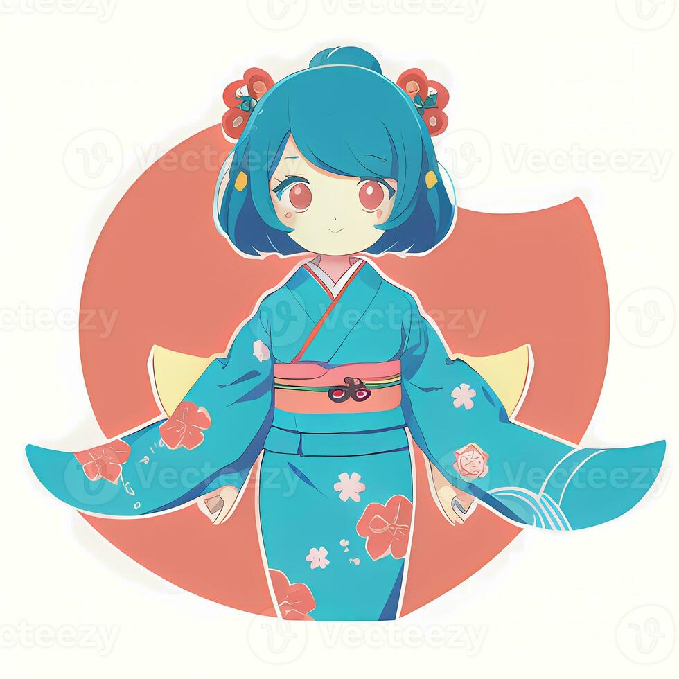 schattig kawaii chibi anime meisje sticker schattig Japans yukata kimono gemakkelijk kleurrijk achtergrond foto