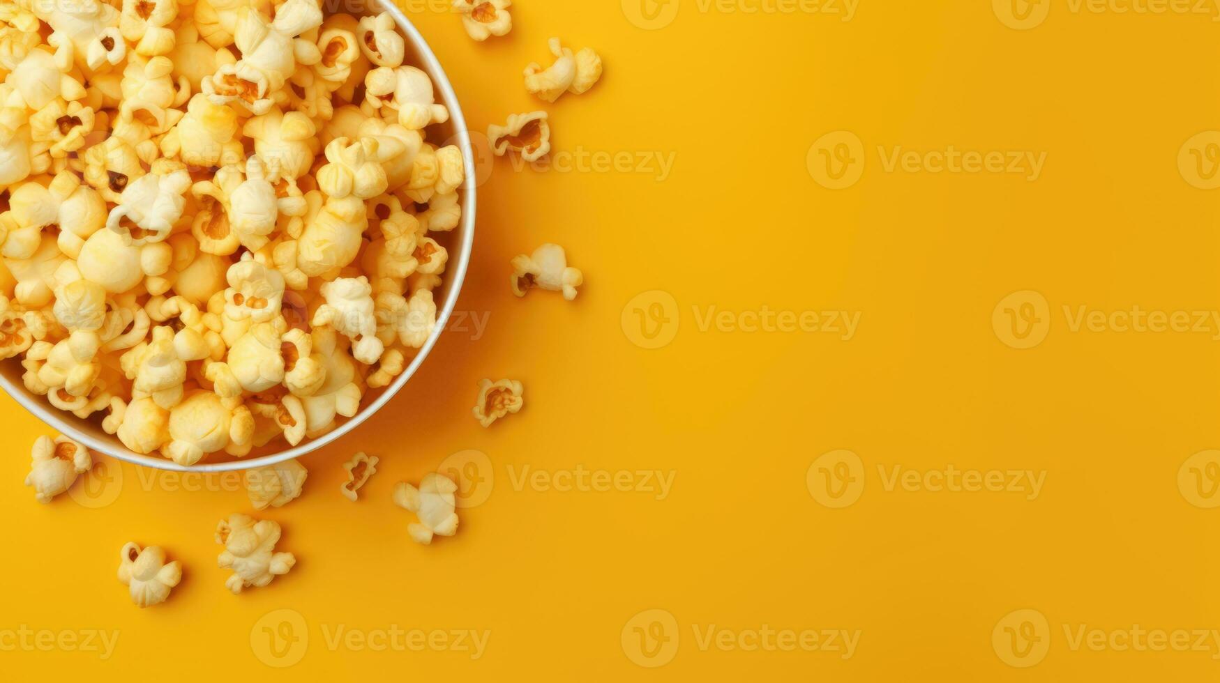 popcorn bekeken van bovenstaand Aan geel achtergrond. ai generatief vlak leggen van knal maïs boog foto