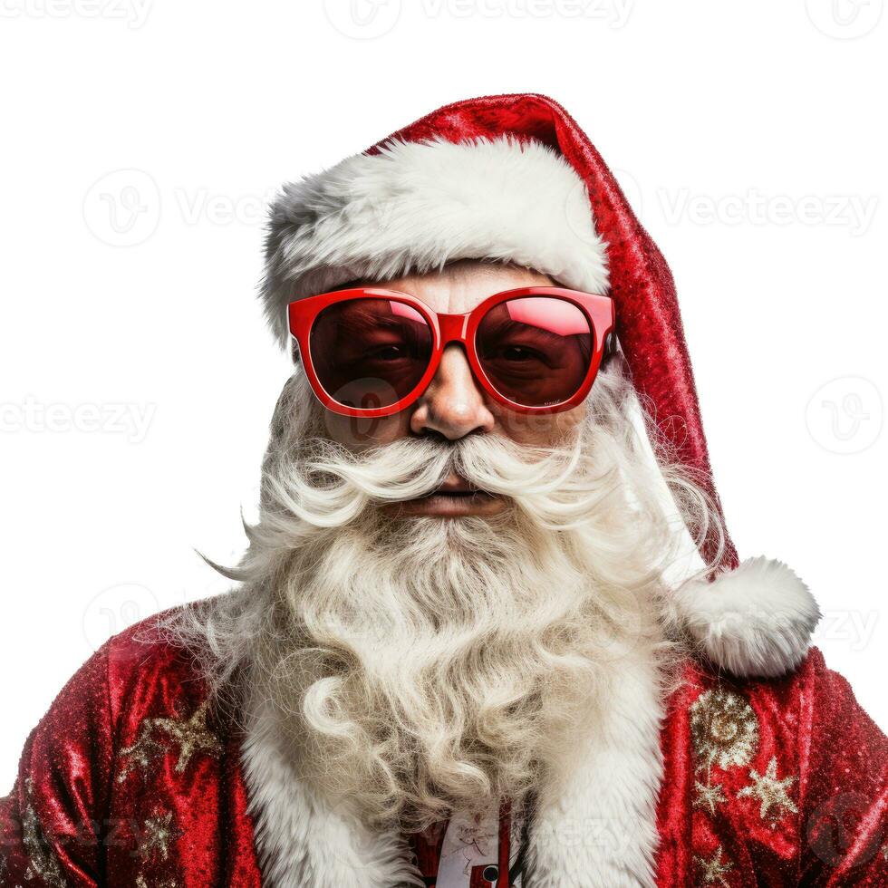 grappig de kerstman met zonnebril. ai generatief wit geïsoleerd achtergrond foto