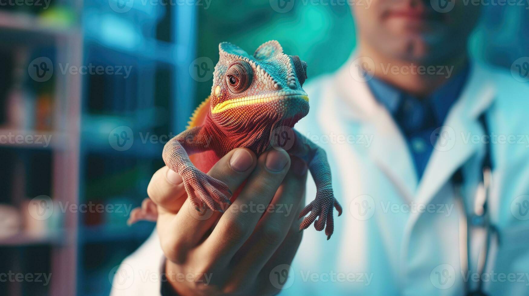 veterinair kliniek voor exotisch dieren. kameleon in de handen van een dierenarts. ai generatief foto