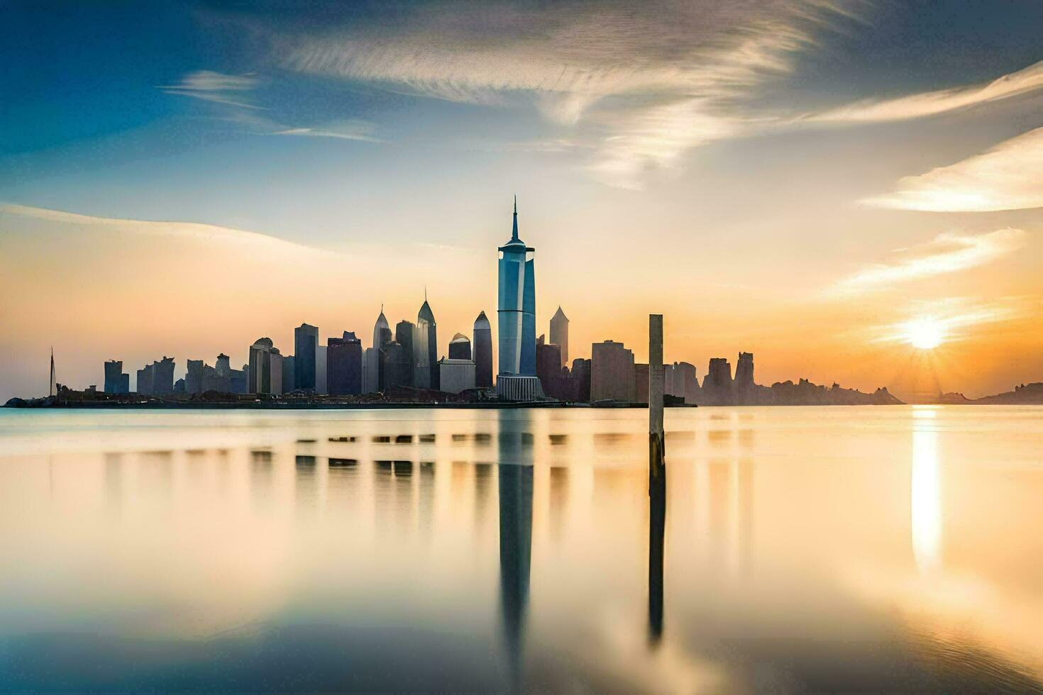 de Manhattan horizon is weerspiegeld in de water Bij zonsondergang. ai-gegenereerd foto