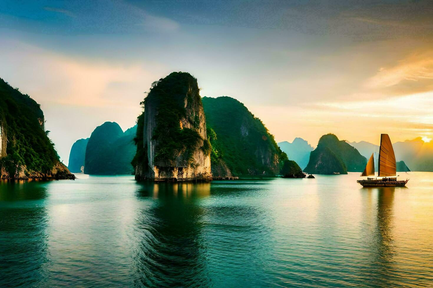 de zonsondergang over- Halong baai. ai-gegenereerd foto