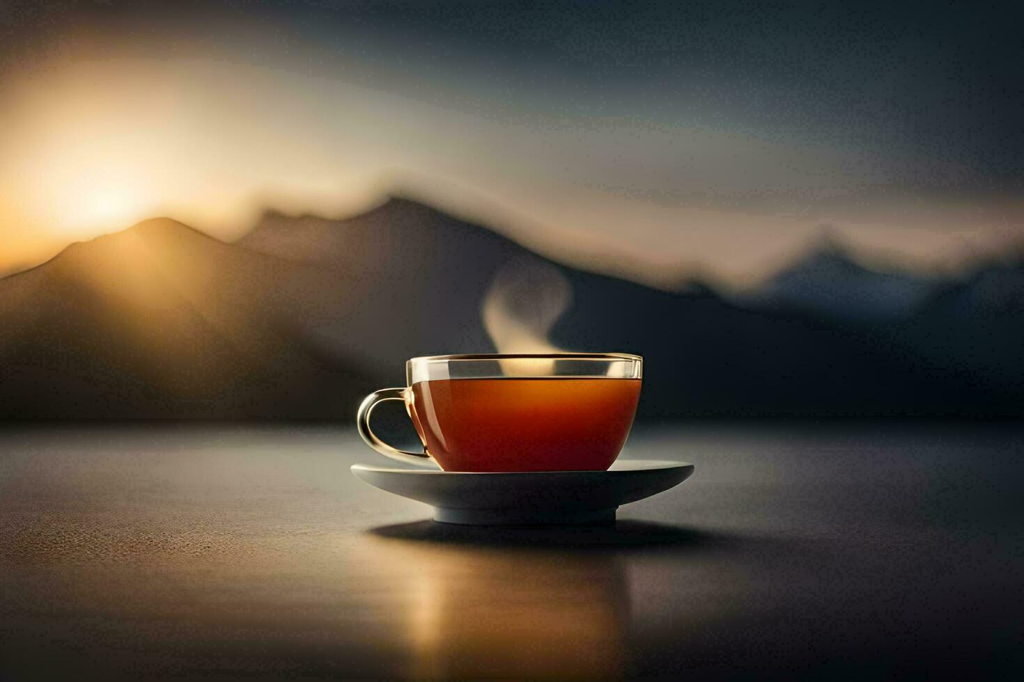 een kop van thee Aan een tafel in voorkant van bergen. ai-gegenereerd foto