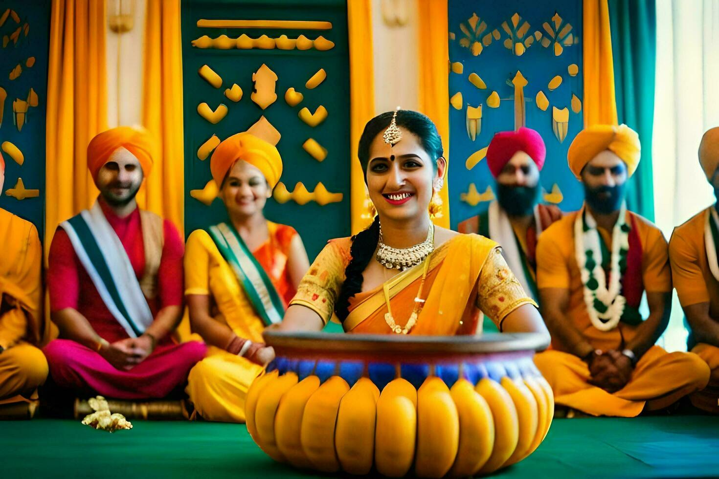 een vrouw in een geel tulband is glimlachen terwijl zittend in voorkant van een groep van mensen. ai-gegenereerd foto