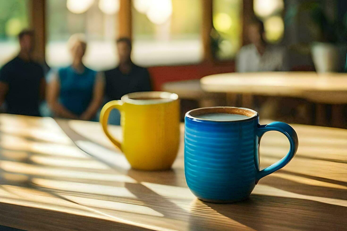 twee koffie mokken zitten Aan een tafel in voorkant van een groep van mensen. ai-gegenereerd foto